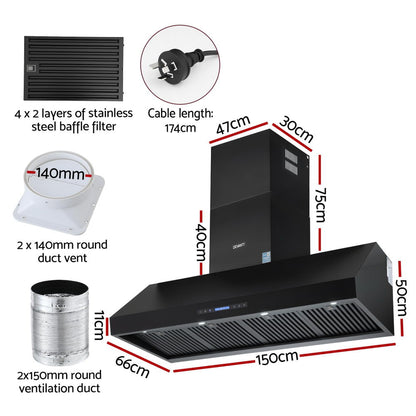 Devanti 1500mm Commercial BBQ Range Hood Dual Motor W/ Remote Control Black - Image 3