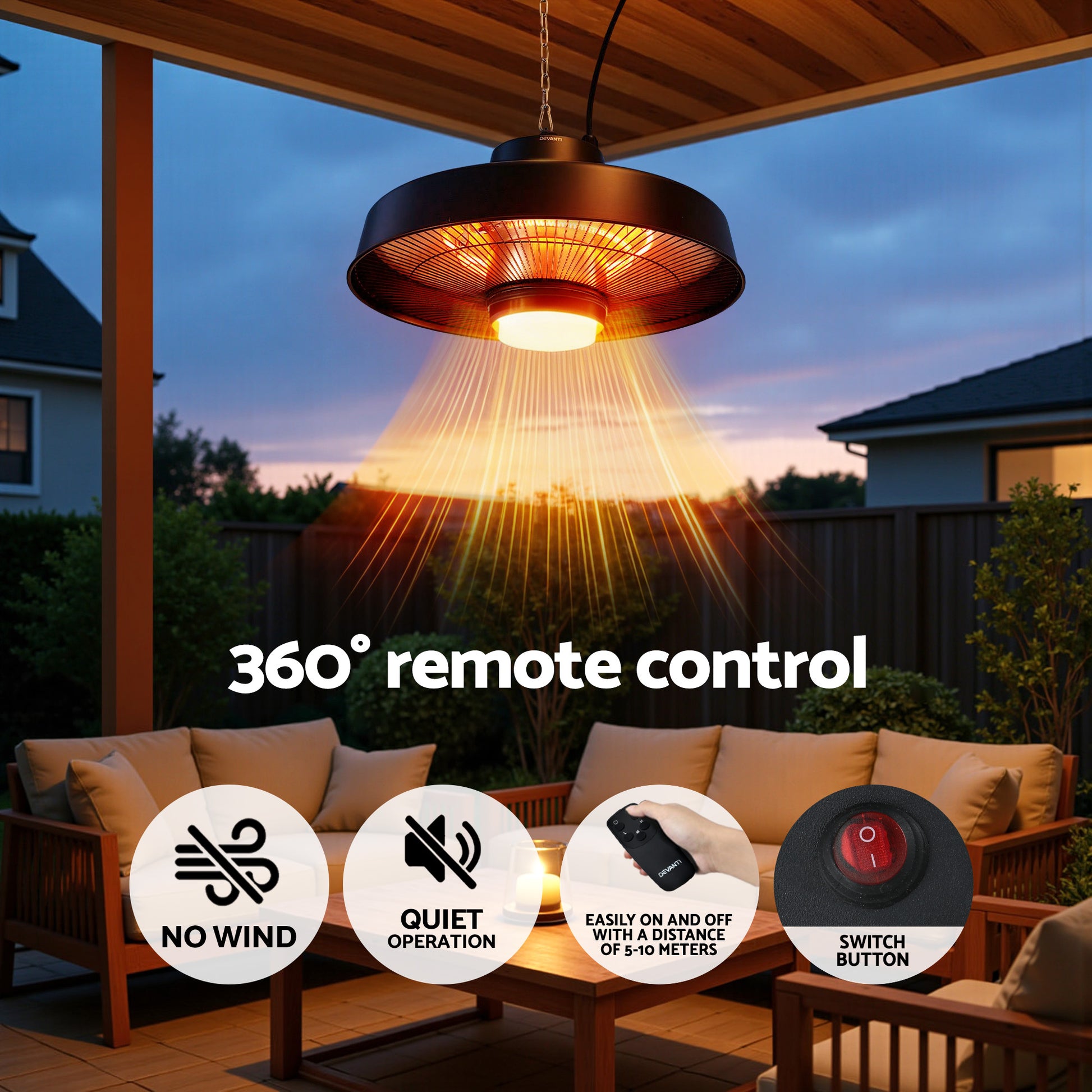 Devanti 2000W Outdoor Electric Patio Heater Ceiling Mount with LED Light Remote  - Image 4