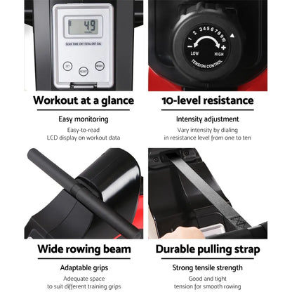 Everfit Rowing Machine Rower Magnetic Resistance Exercise Gym Home Cardio Red - Image 6