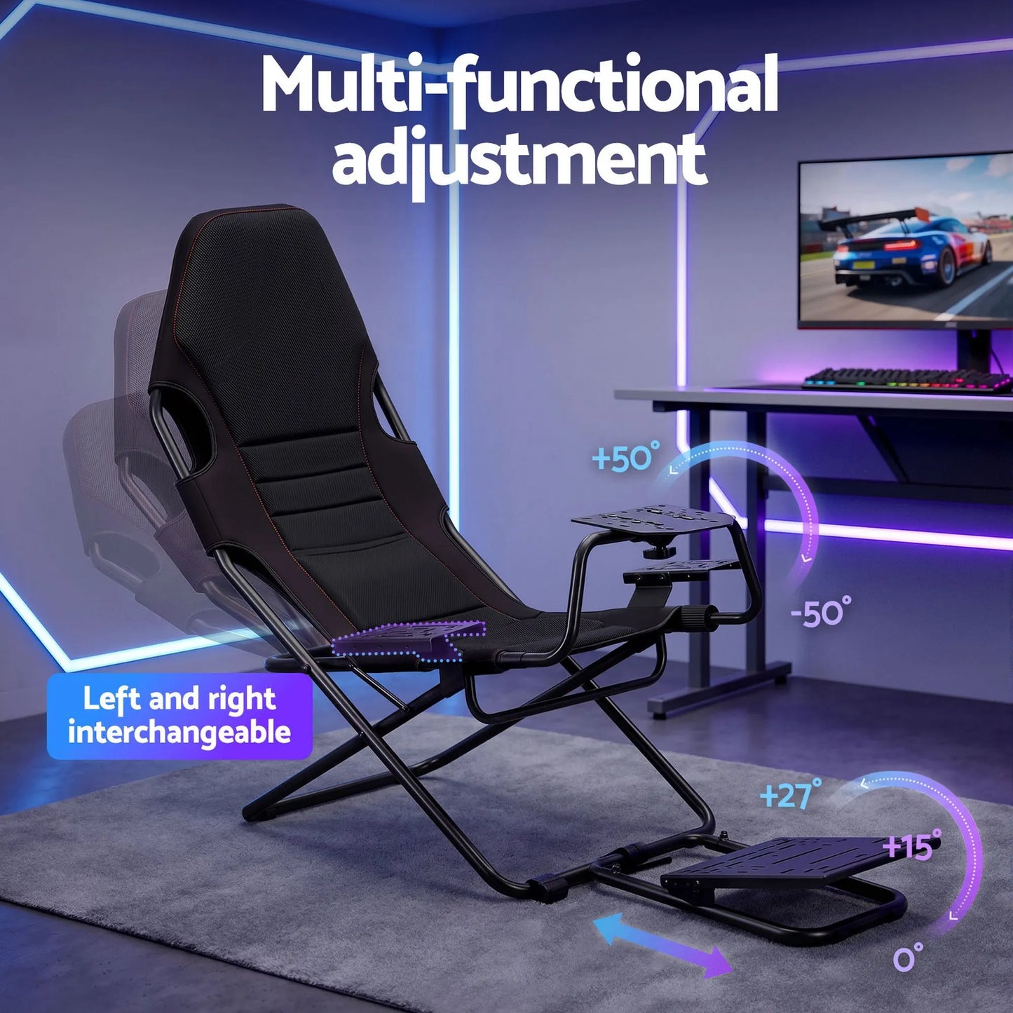 Artiss Steel Foldable Racing Simulator Cockpit Seat Wheel Stand Gear Shifter Mount Black - Image 4