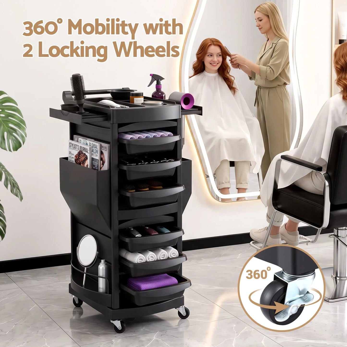 Embellir Salon Trolley 2 Lockable Doors 6 Tier Trays Mobile Hair Cart Black - Image 4