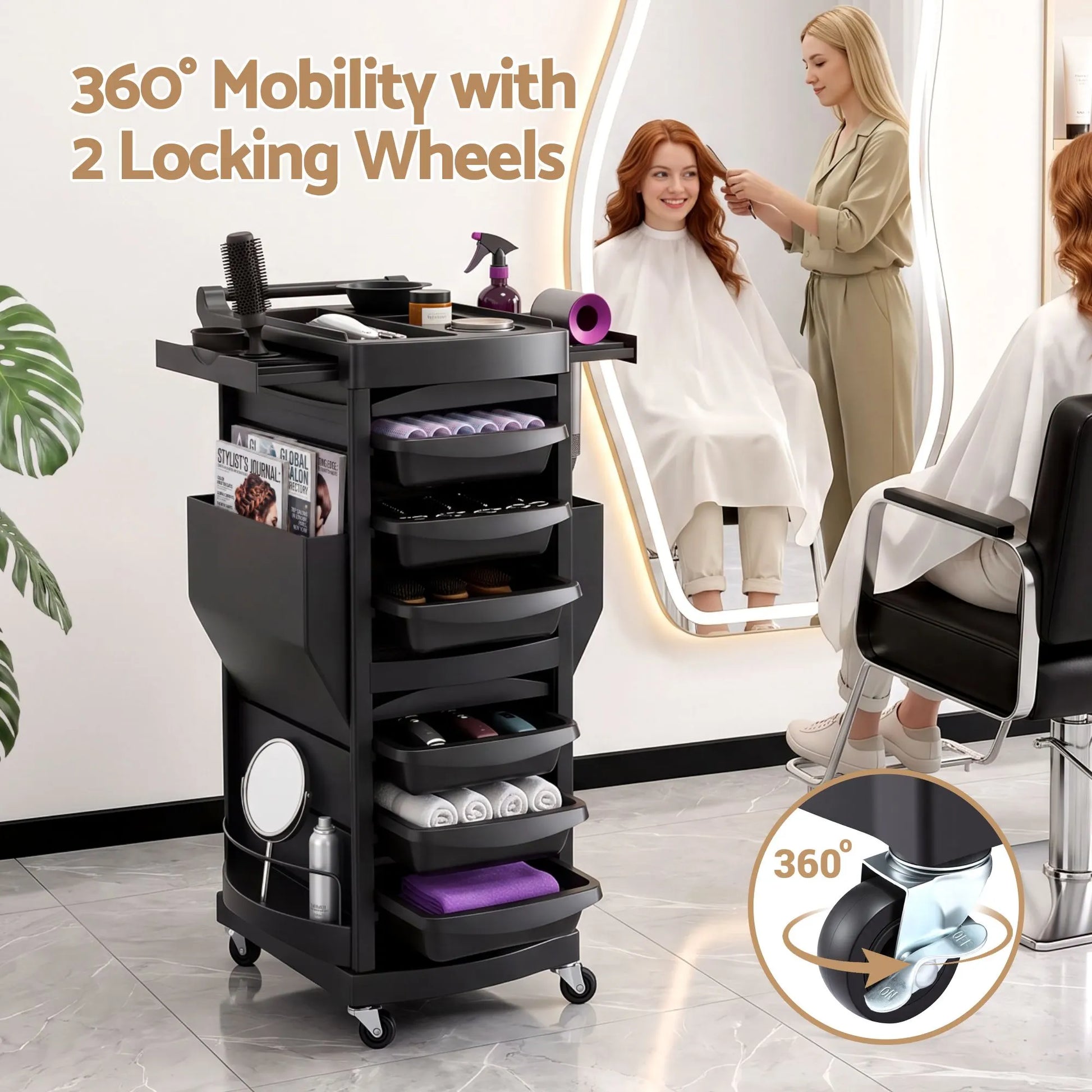 Embellir Salon Trolley 2 Lockable Doors 6 Tier Trays Mobile Hair Cart Black - Image 4