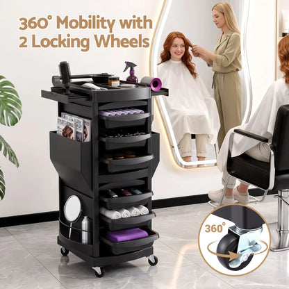 Embellir Salon Trolley 2 Lockable Doors 6 Tier Trays Mobile Hair Cart Black - Image 4