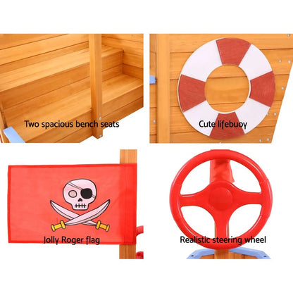 Keezi Kids Sandpit Wooden Boat Sand Pit with Canopy Bench Seat Beach Toys 165cm - Image 6