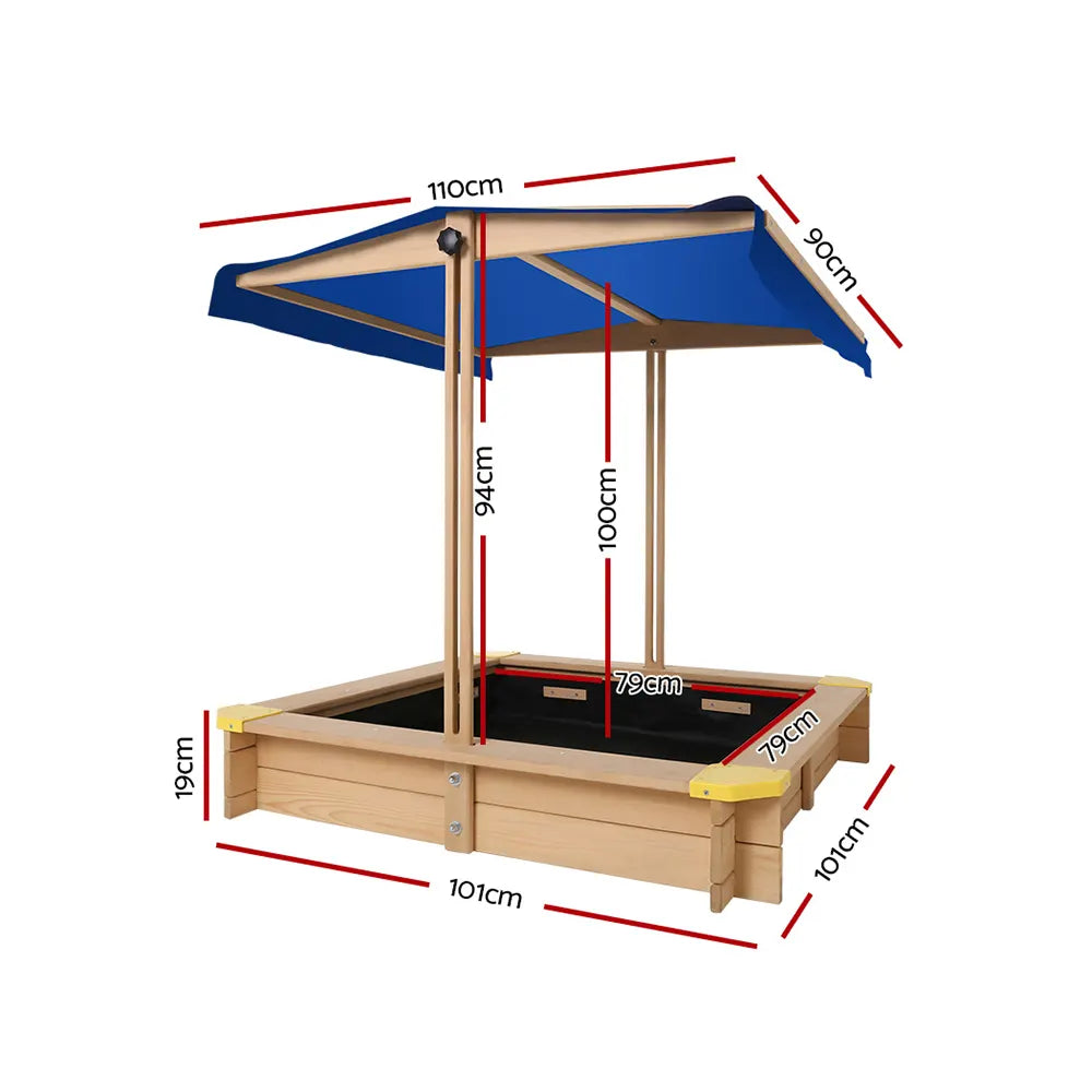 Keezi Kids Sandpit Wooden Sandbox Sand Pit with Canopy Bench Seat Toys 101cm - Image 2