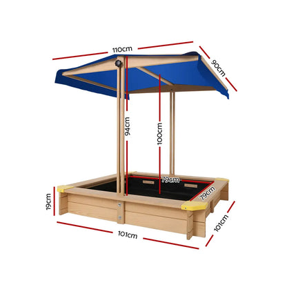 Keezi Kids Sandpit Wooden Sandbox Sand Pit with Canopy Bench Seat Toys 101cm - Image 2