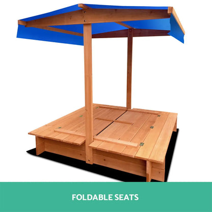 Keezi Kids Sandpit Wooden Sandbox Sand Pit with Canopy Foldable Seat Toys 120cm - Image 4
