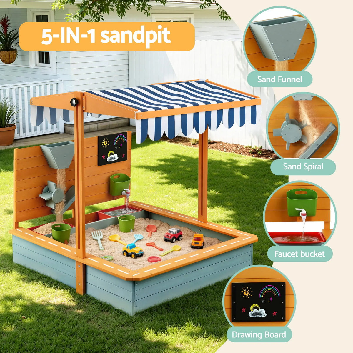 Keezi Kids Sandpit Wooden Canopy Sandbox With Cover Funnel Outdoor Toys 110cm Green - Image 5