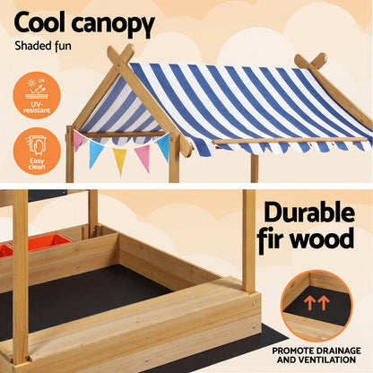 Keezi Kids Sandpit Wooden Sandbox Sand Pit with Canopy Water Basin Toys 146cm - Image 4