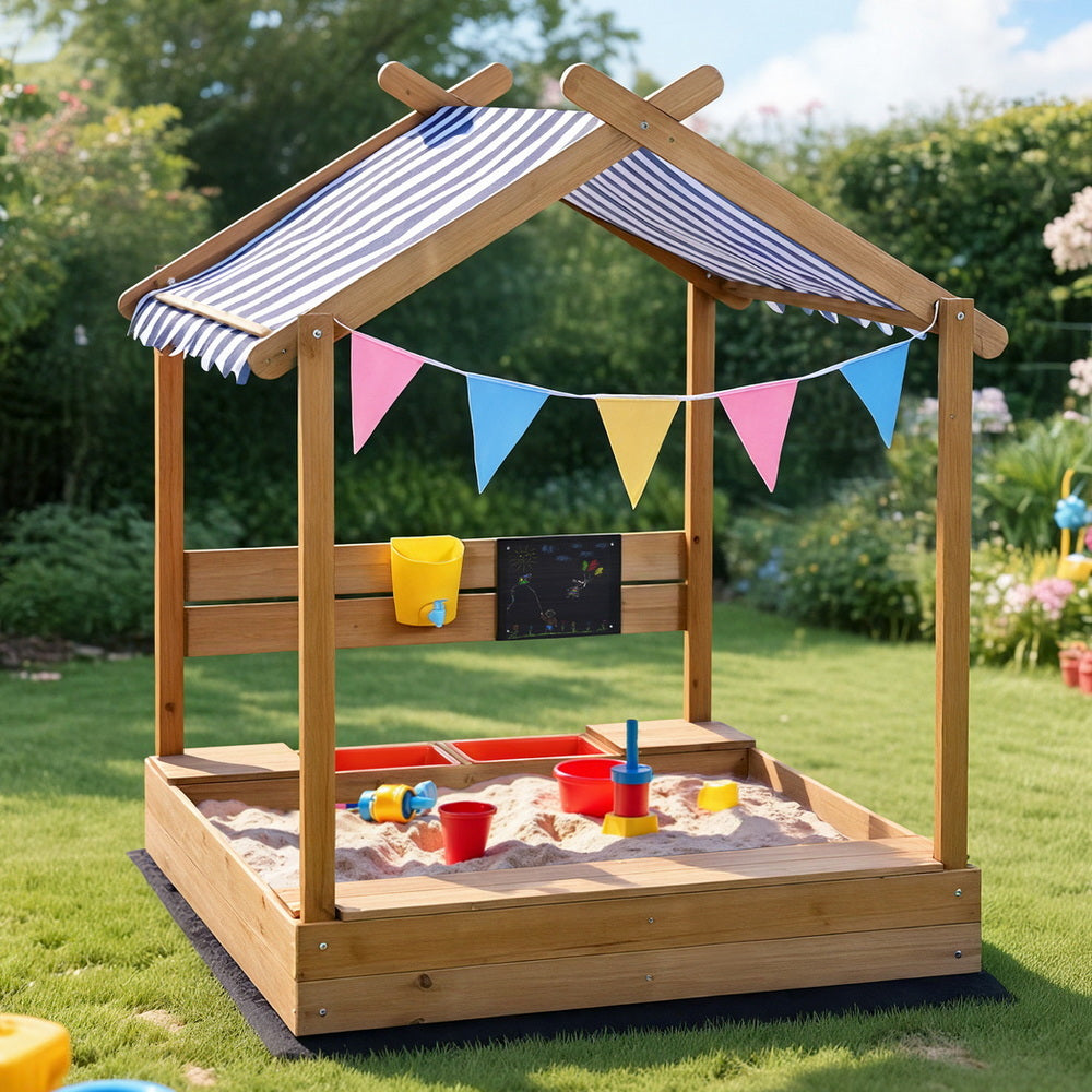 Keezi Kids Sandpit Wooden Sandbox Sand Pit with Canopy Water Basin Toys 146cm - Image 7