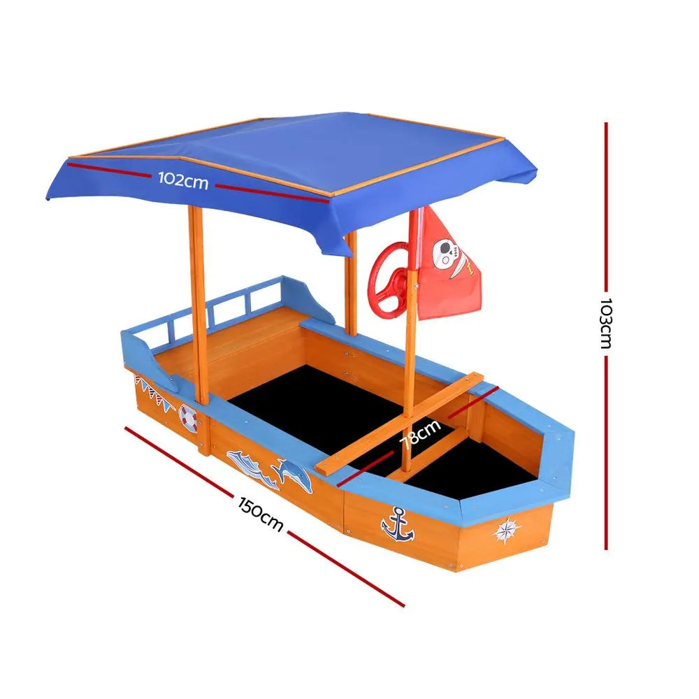 Keezi Kids Sandpit Wooden Boat Sand Pit with Canopy Bench Seat Beach Toys 150cm - Image 2