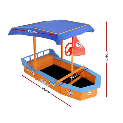 Keezi Kids Sandpit Wooden Boat Sand Pit with Canopy Bench Seat Beach Toys 150cm - Image 2