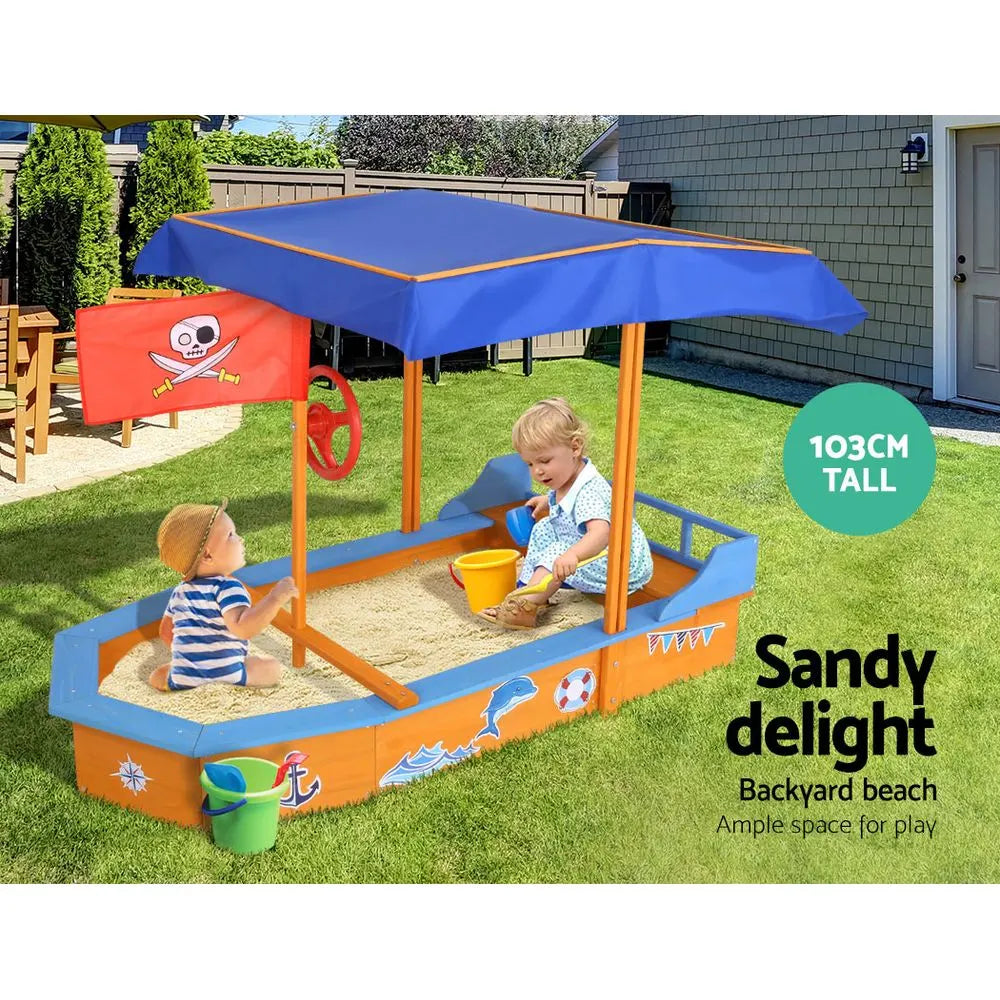 Keezi Kids Sandpit Wooden Boat Sand Pit with Canopy Bench Seat Beach Toys 150cm - Image 3