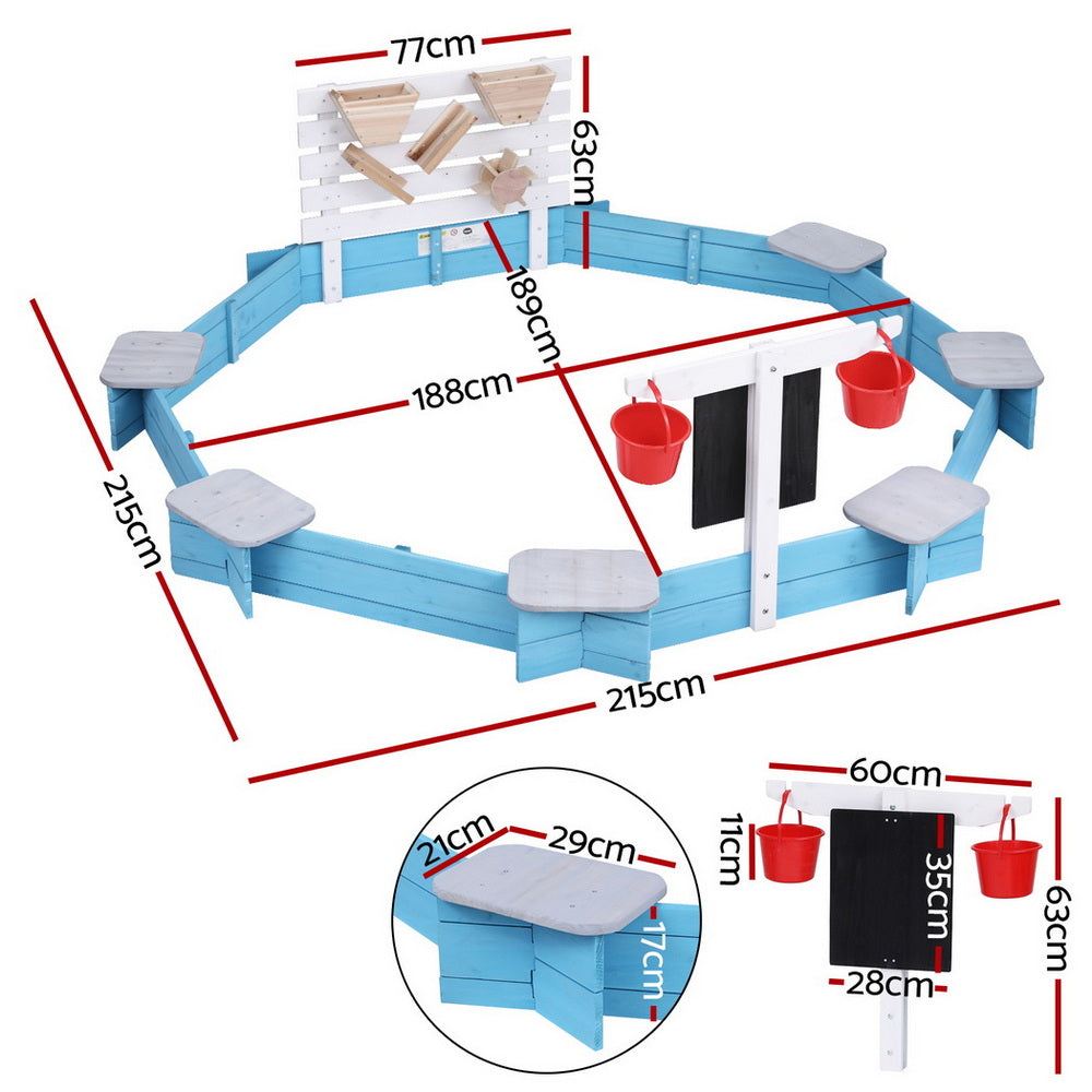 Keezi Kids Sandpit Wooden Round Sand Pit Funnel Bench Seat Beach Toys 215cm - Image 2