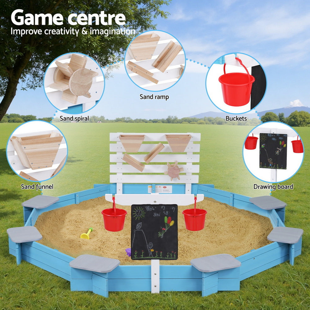 Keezi Kids Sandpit Wooden Round Sand Pit Funnel Bench Seat Beach Toys 215cm - Image 5