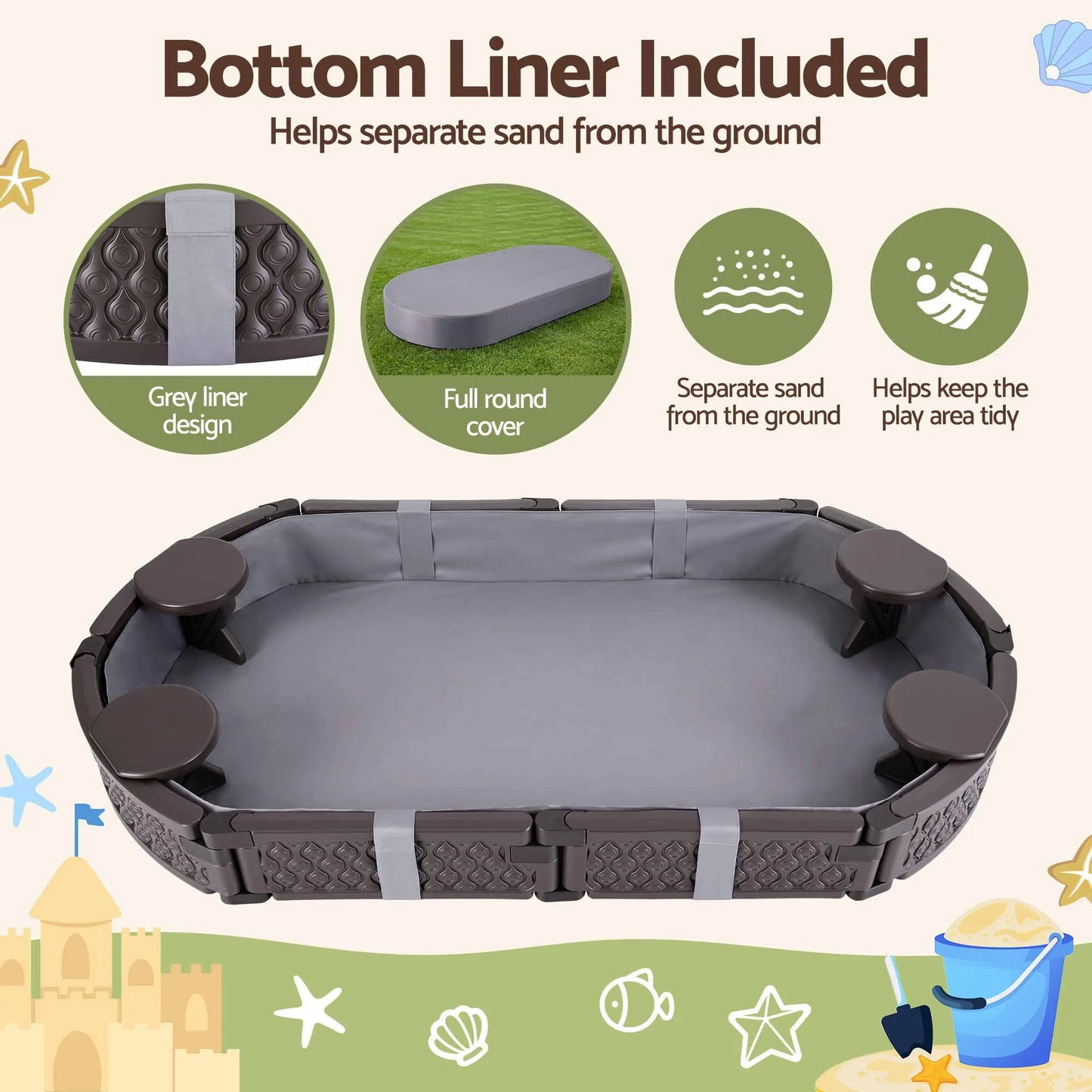Keezi Kids Sandpit Toys Outdoor Sandbox Oval Sand Pit 4 Seats Grey Cover - Image 5
