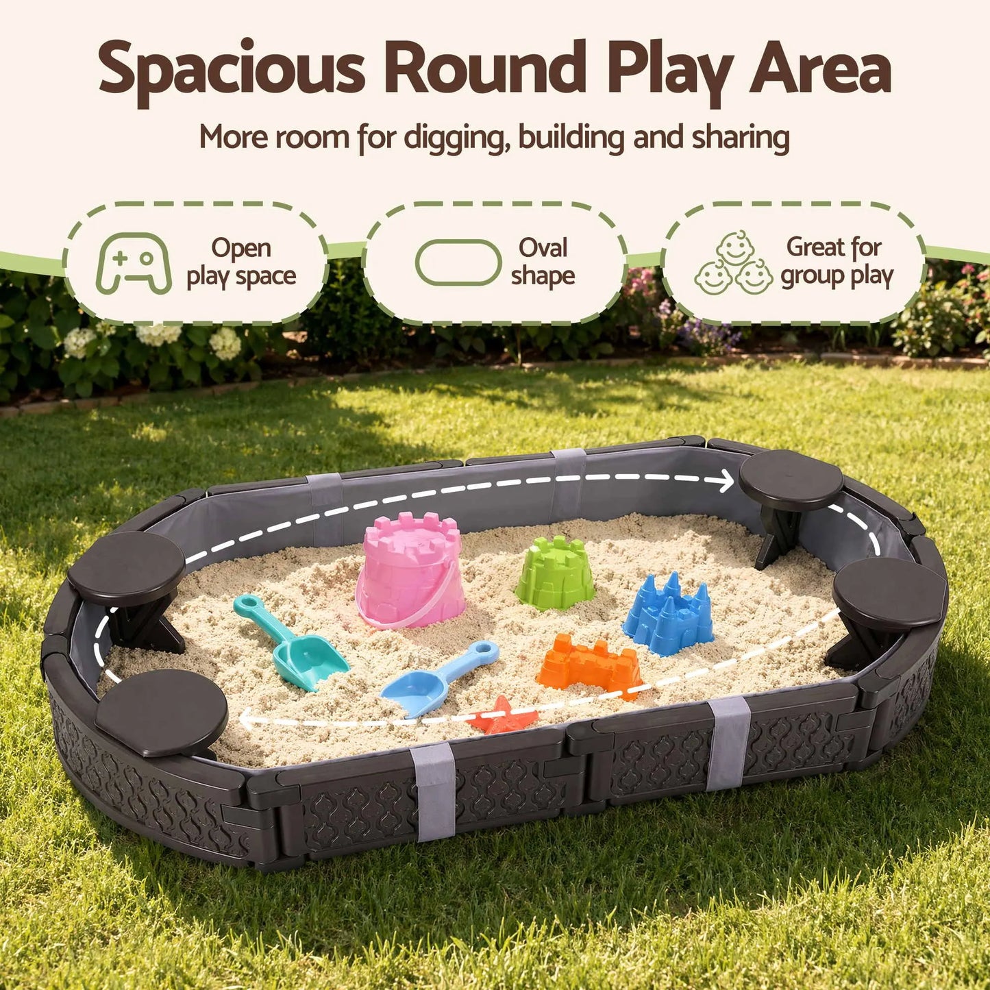 Keezi Kids Sandpit Toys Outdoor Sandbox Oval Sand Pit 4 Seats Grey Cover - Image 6