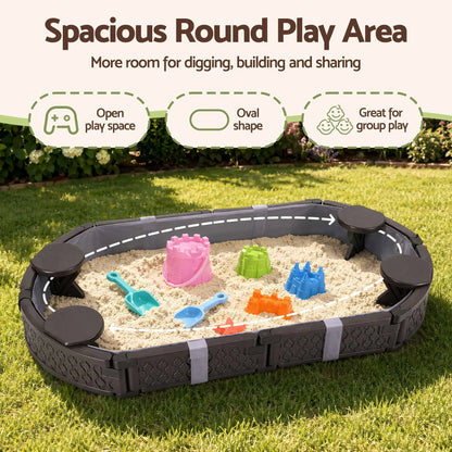 Keezi Kids Sandpit Toys Outdoor Sandbox Oval Sand Pit 4 Seats Grey Cover - Image 6