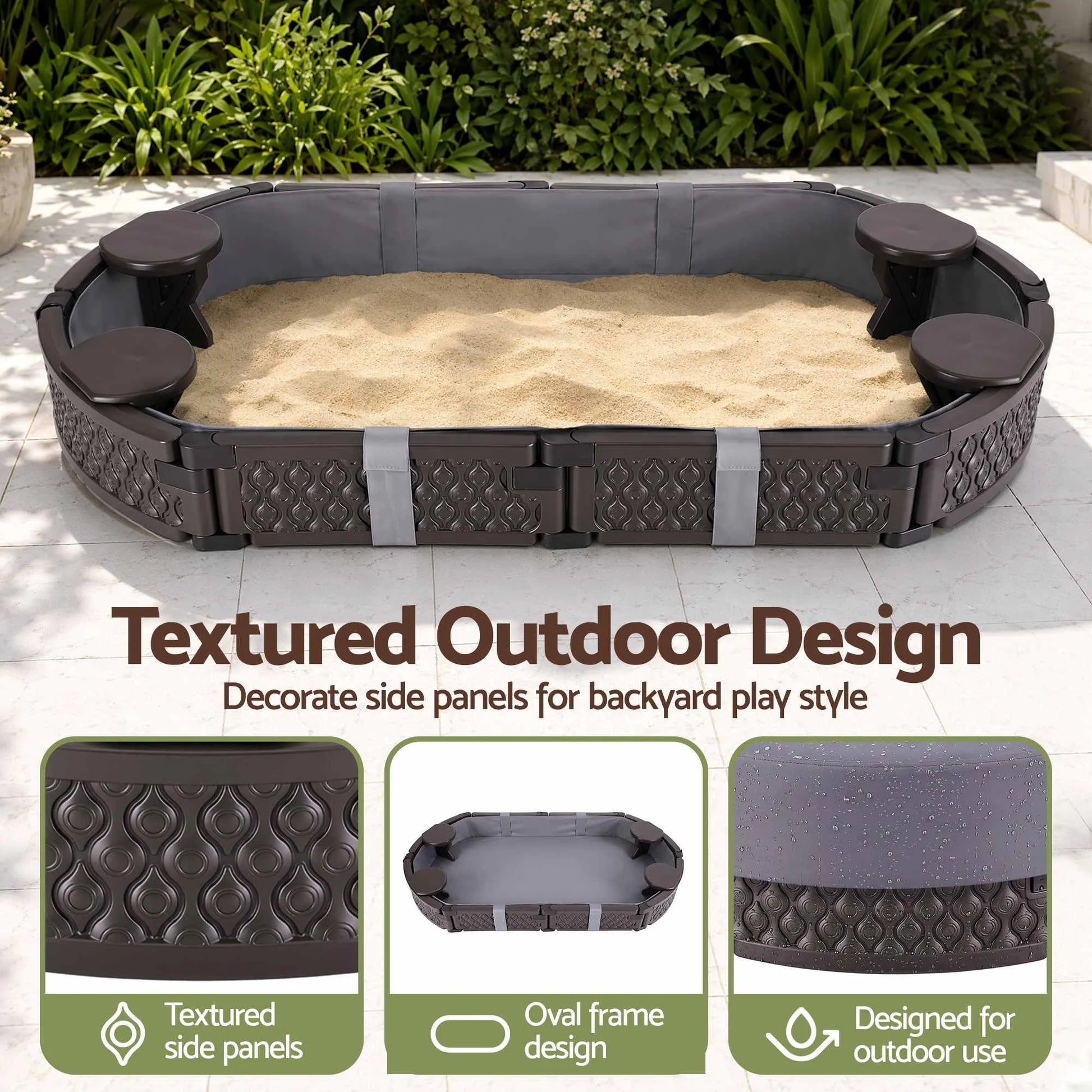 Keezi Kids Sandpit Toys Outdoor Sandbox Oval Sand Pit 4 Seats Grey Cover - Image 7