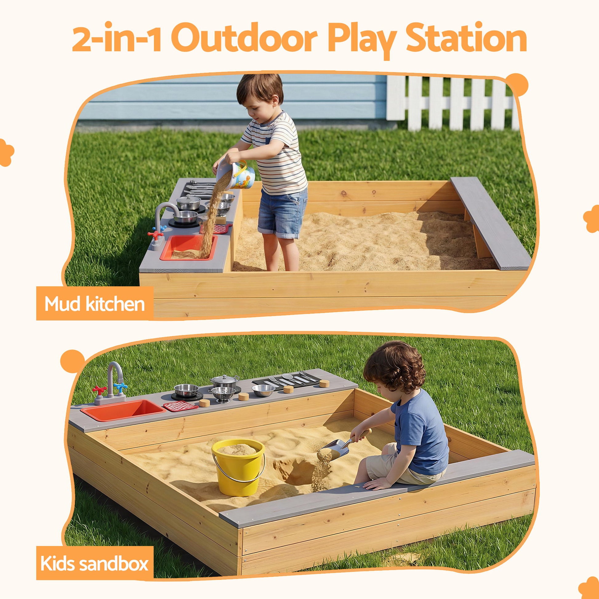 Keezi Wooden Sandpit Sand Pit Outdoor Kids Toy Box Mud Kitchen Sink Storage Bench - Image 4