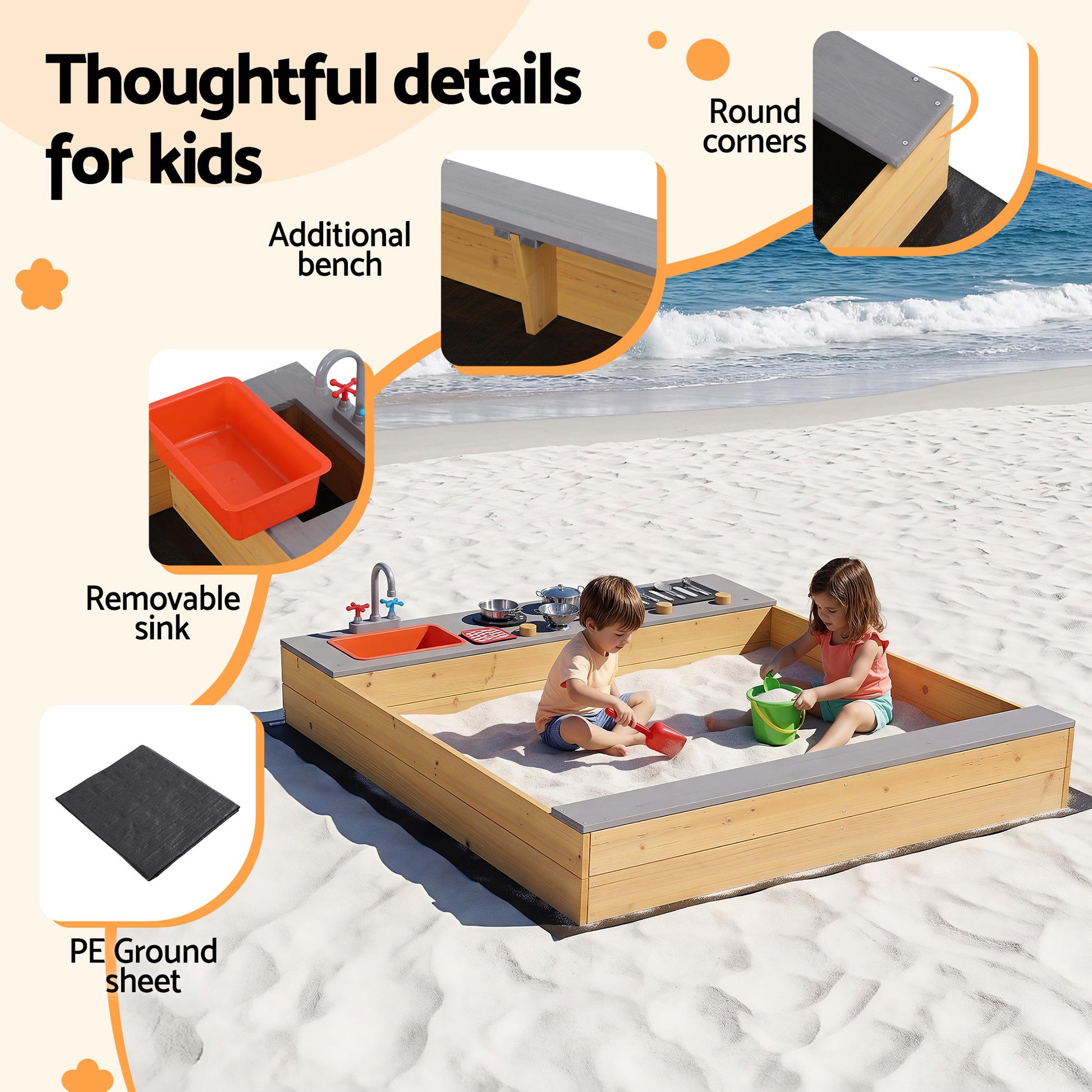 Keezi Wooden Sandpit Sand Pit Outdoor Kids Toy Box Mud Kitchen Sink Storage Bench - Image 7