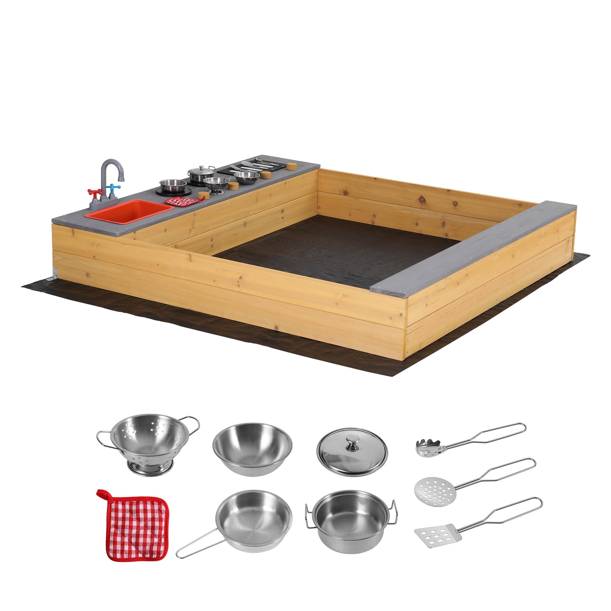 Keezi Wooden Sandpit Sand Pit Outdoor Kids Toy Box Mud Kitchen Sink Storage Bench - Image 9