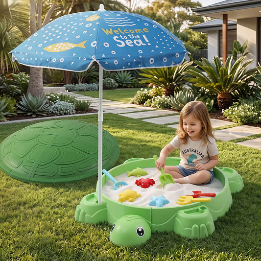 Keezi Kids Sandpit Turtle Sandbox Toys with Umbrella Lid Green 8 Accessories 3+