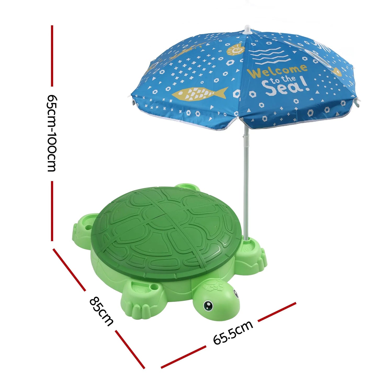 Keezi Kids Sandpit Turtle Sandbox Toys with Umbrella Lid Green 8 Accessories 3+ - Image 2