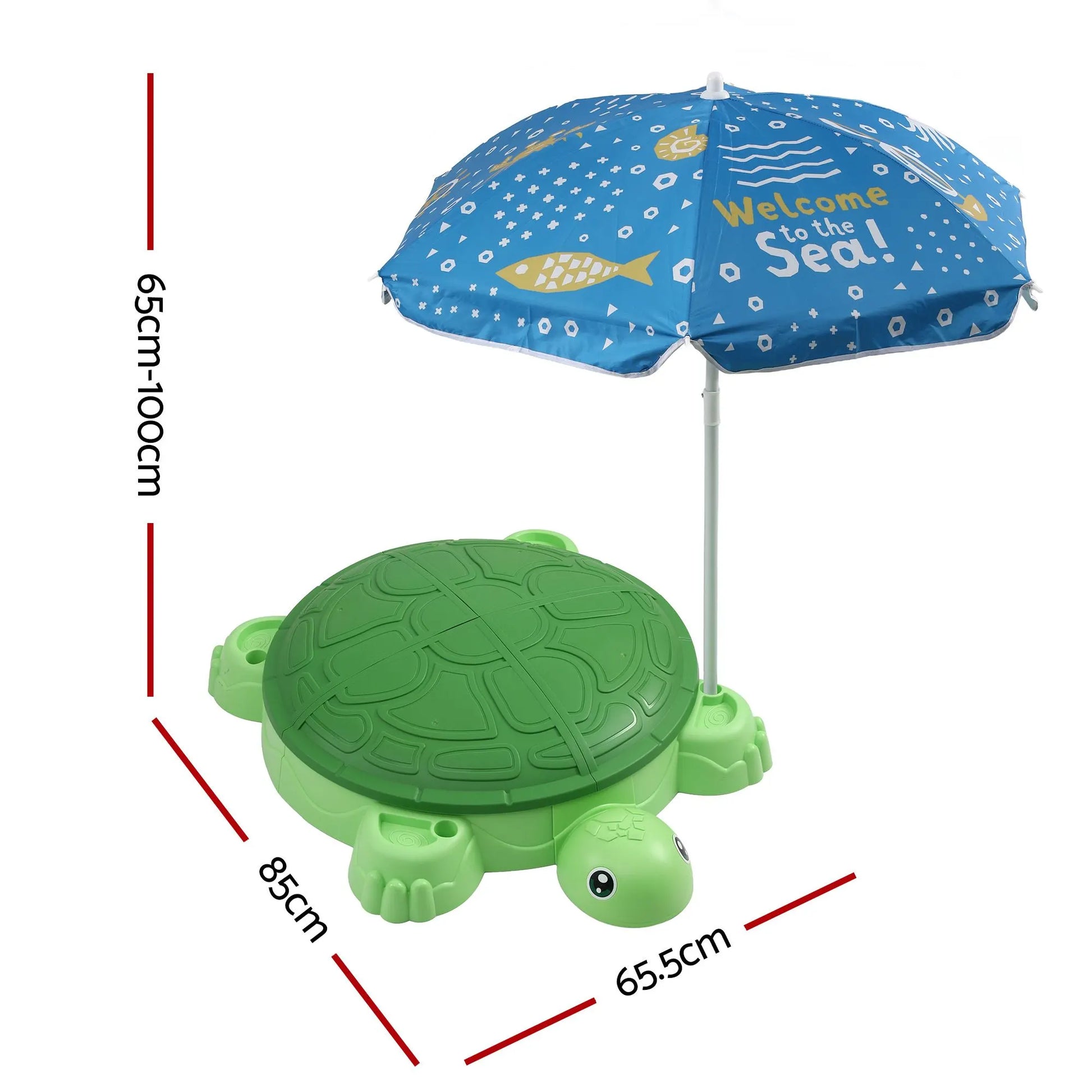 Keezi Kids Sandpit Turtle Sandbox Toys with Umbrella Lid Green 8 Accessories 3+ - Image 2