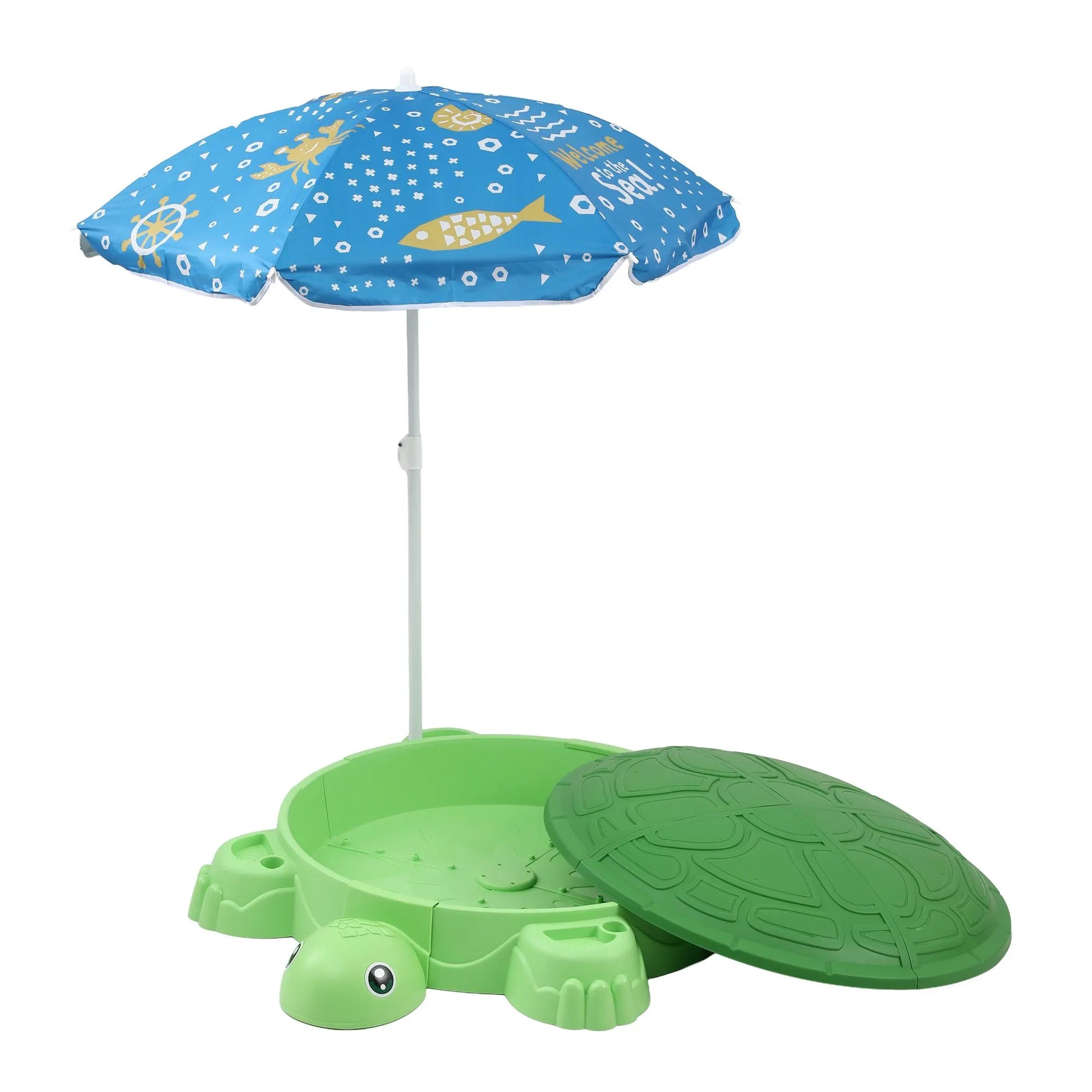 Keezi Kids Sandpit Turtle Sandbox Toys with Umbrella Lid Green 8 Accessories 3+ - Image 3