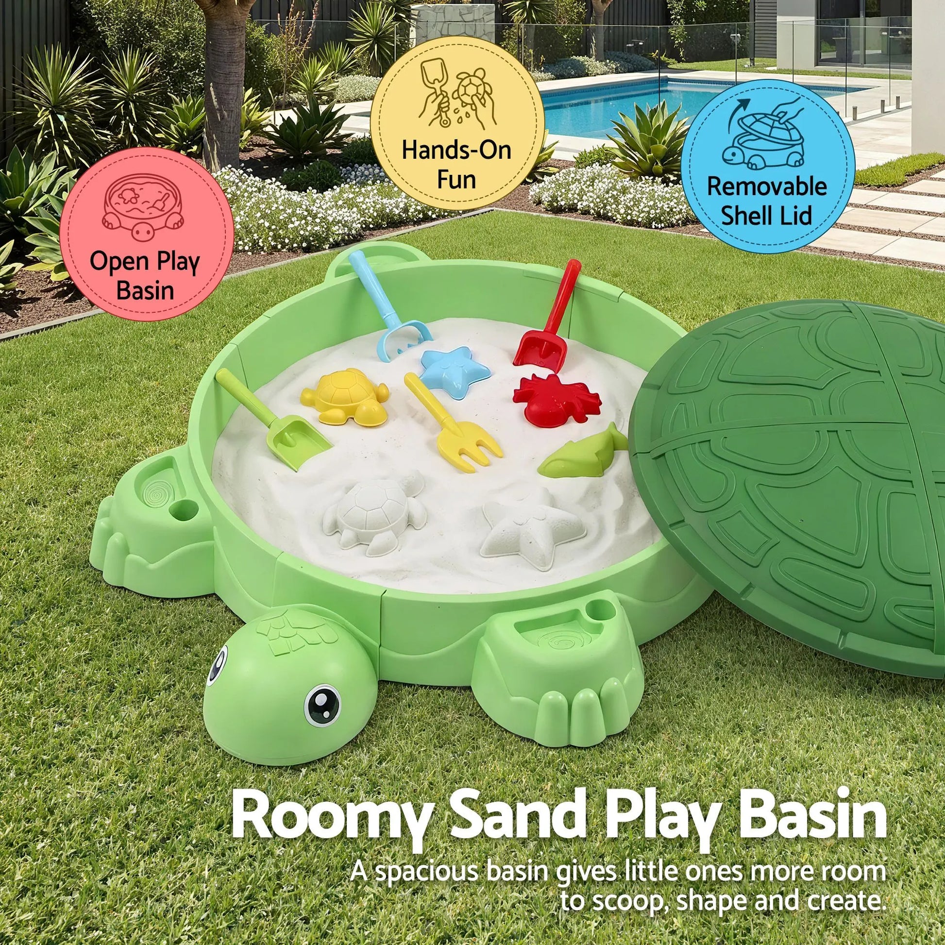 Keezi Kids Sandpit Turtle Sandbox Toys with Umbrella Lid Green 8 Accessories 3+ - Image 4