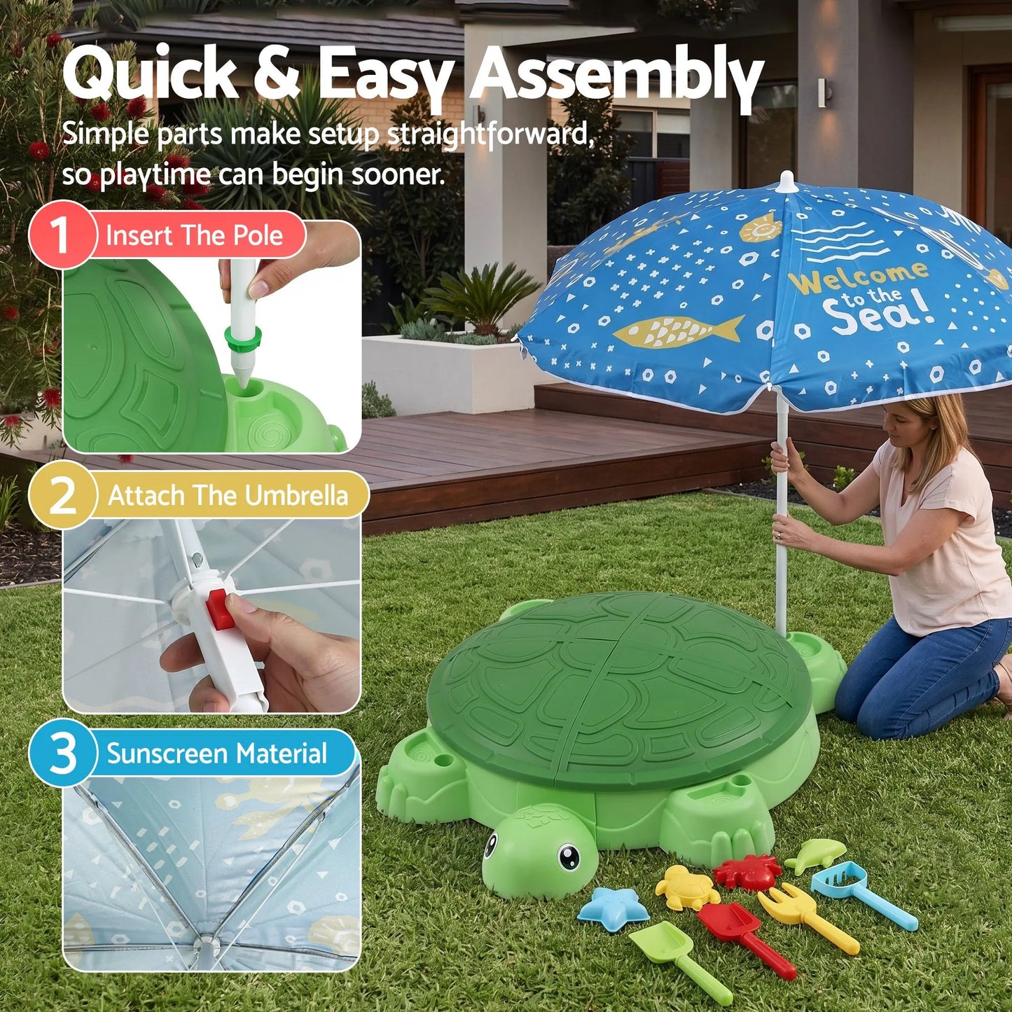Keezi Kids Sandpit Turtle Sandbox Toys with Umbrella Lid Green 8 Accessories 3+ - Image 5