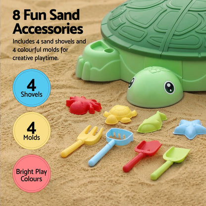 Keezi Kids Sandpit Turtle Sandbox Toys with Umbrella Lid Green 8 Accessories 3+ - Image 6