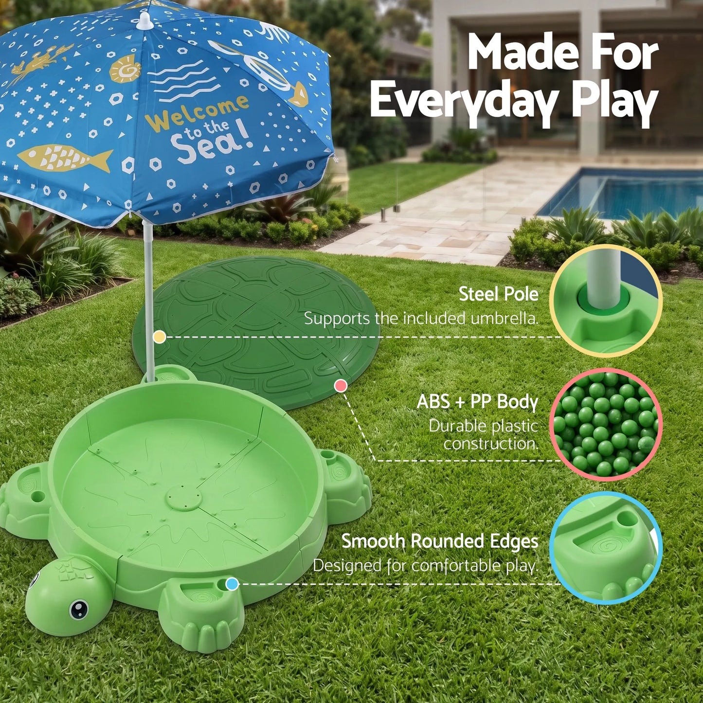 Keezi Kids Sandpit Turtle Sandbox Toys with Umbrella Lid Green 8 Accessories 3+ - Image 7