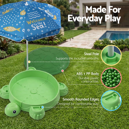 Keezi Kids Sandpit Turtle Sandbox Toys with Umbrella Lid Green 8 Accessories 3+ - Image 7