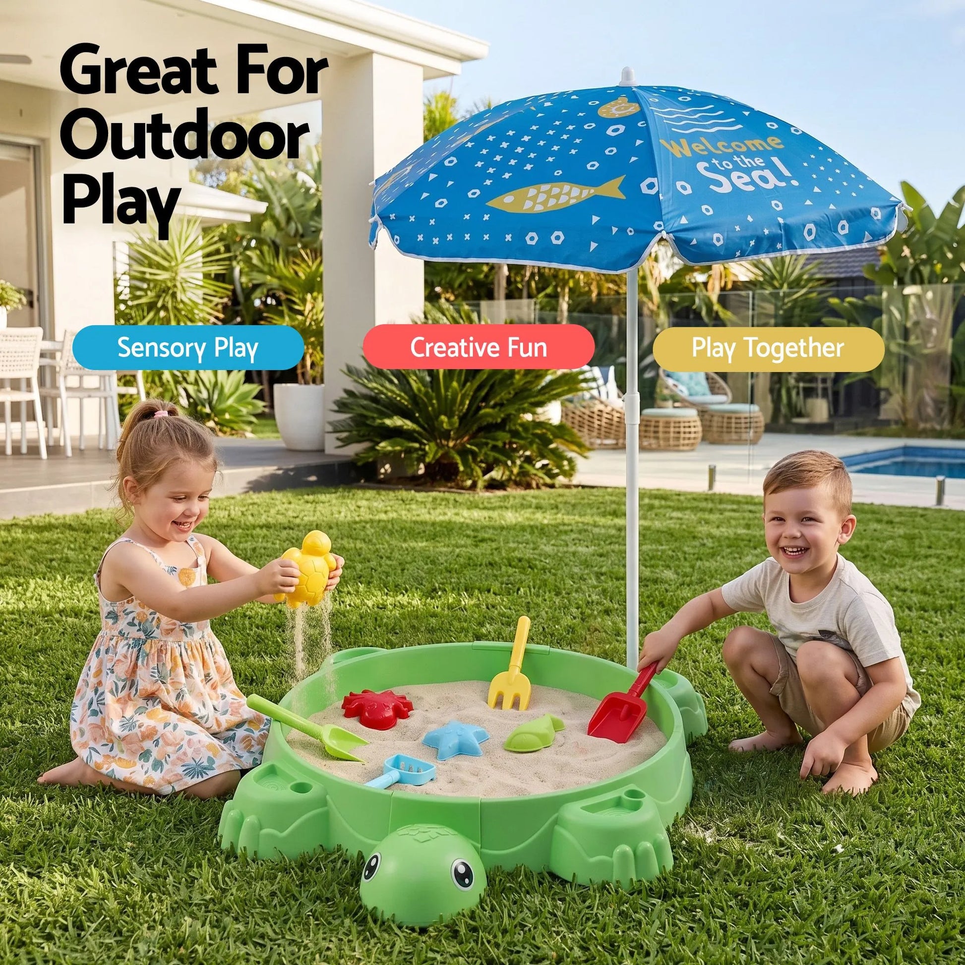 Keezi Kids Sandpit Turtle Sandbox Toys with Umbrella Lid Green 8 Accessories 3+ - Image 8