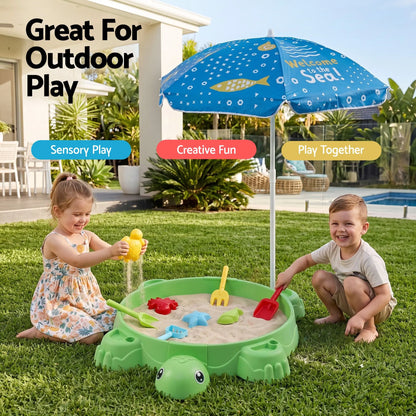 Keezi Kids Sandpit Turtle Sandbox Toys with Umbrella Lid Green 8 Accessories 3+ - Image 8