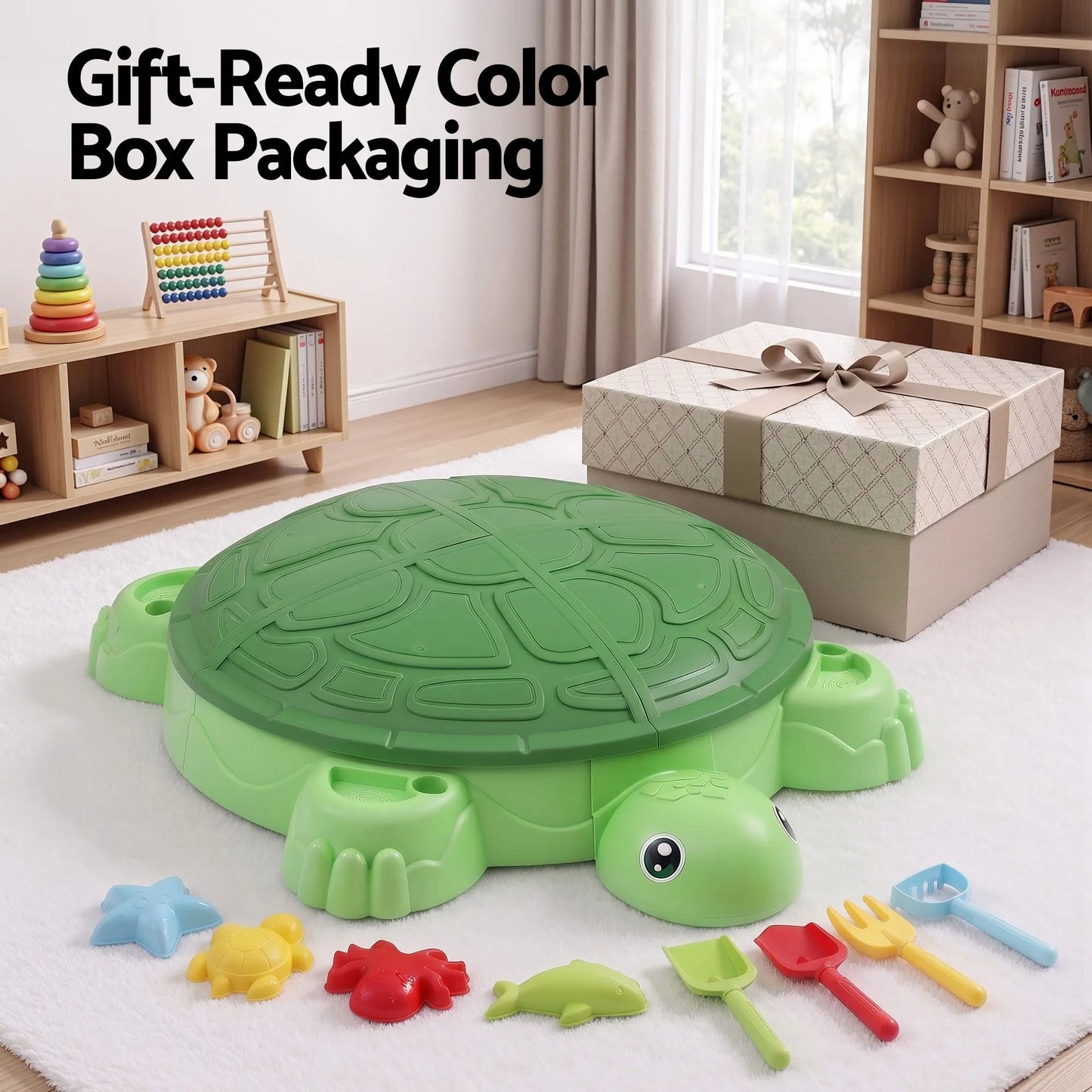 Keezi Kids Sandpit Turtle Sandbox Toys with Umbrella Lid Green 8 Accessories 3+ - Image 9