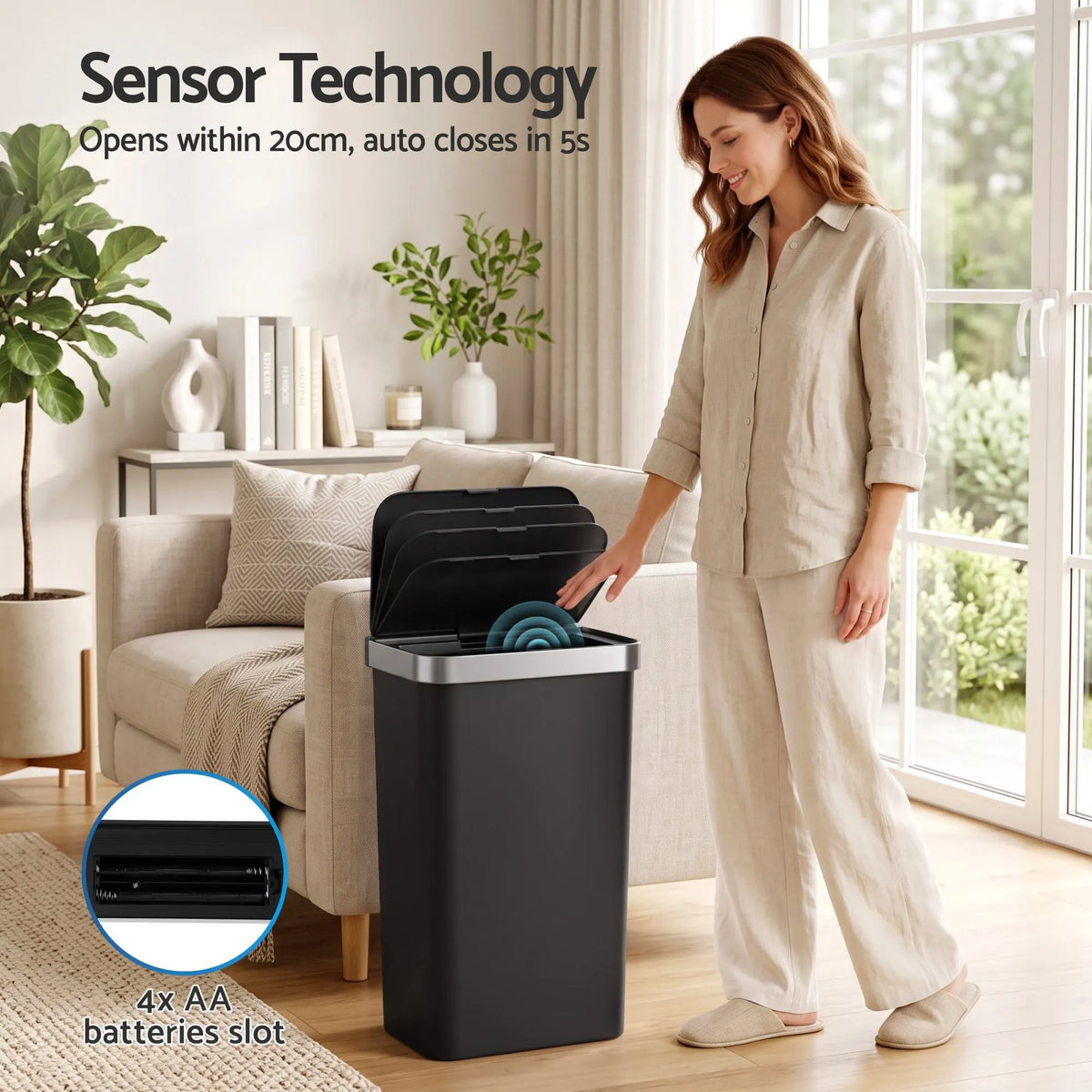 Devanti 50L Motion Sensor Trash Bin Automatic Kitchen Waste Dustbin Black - Image 6