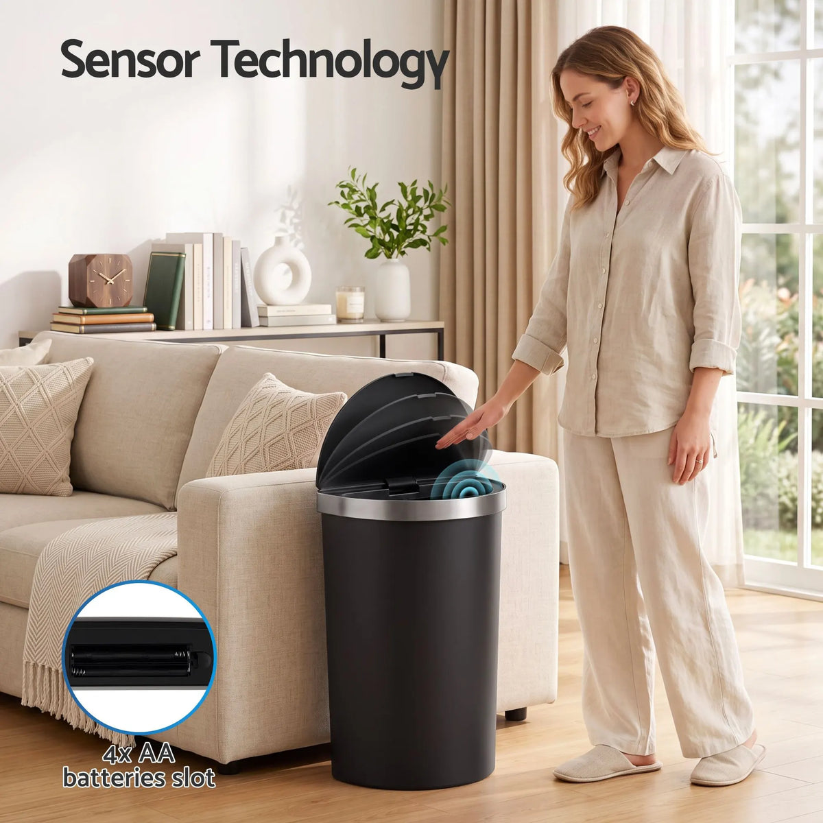 Devanti 50L Sensor Bin D-Shape Trash Can Kitchen Smart Rubbish Bin Black - Image 6