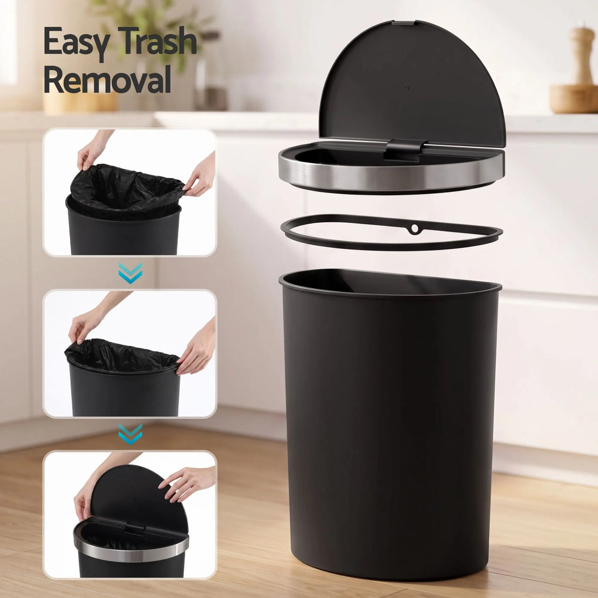 Devanti 50L Sensor Bin D-Shape Trash Can Kitchen Smart Rubbish Bin Black - Image 8