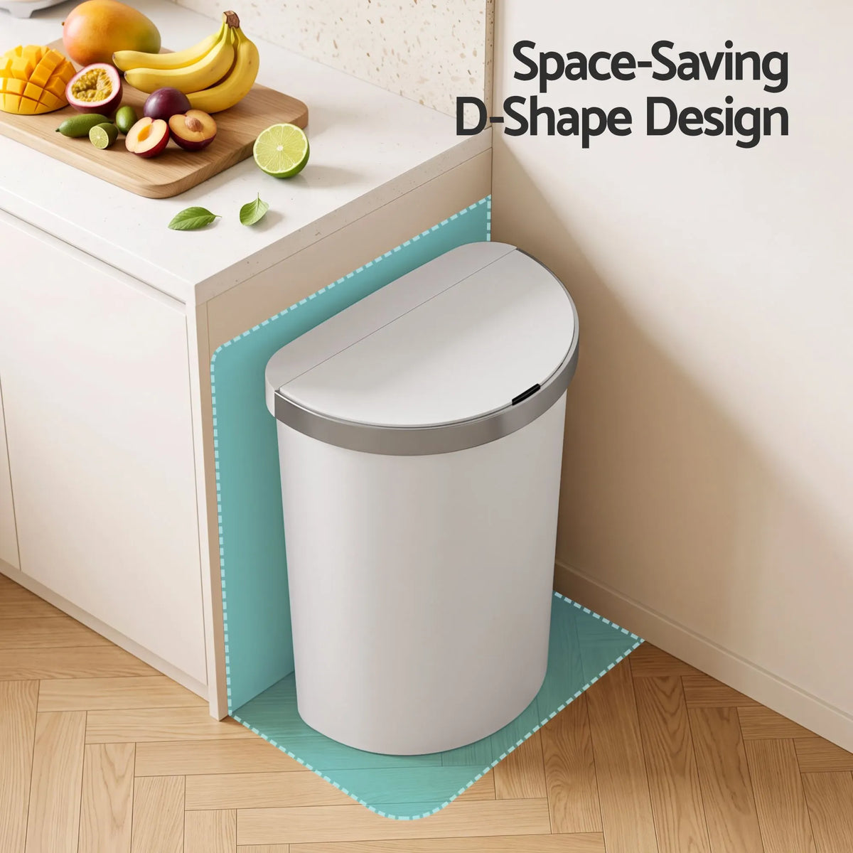 Devanti 50L Motion Sensor Bins Trash Can Kitchen Smart Rubbish Bin D-shape design White - Image 5