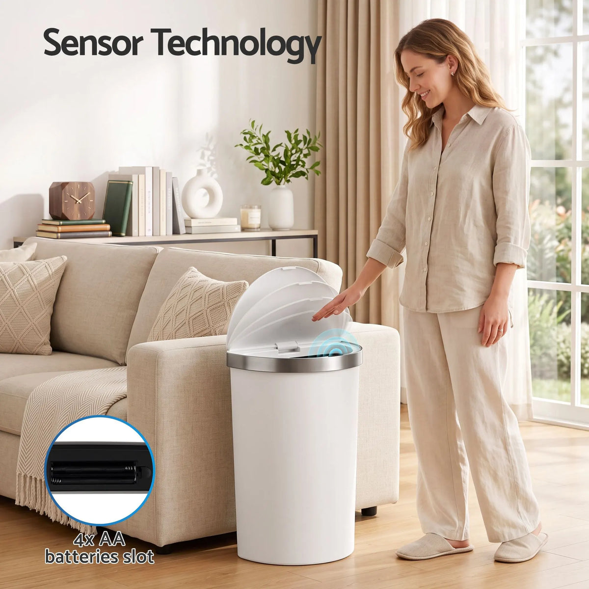 Devanti 50L Motion Sensor Bins Trash Can Kitchen Smart Rubbish Bin D-shape design White - Image 6
