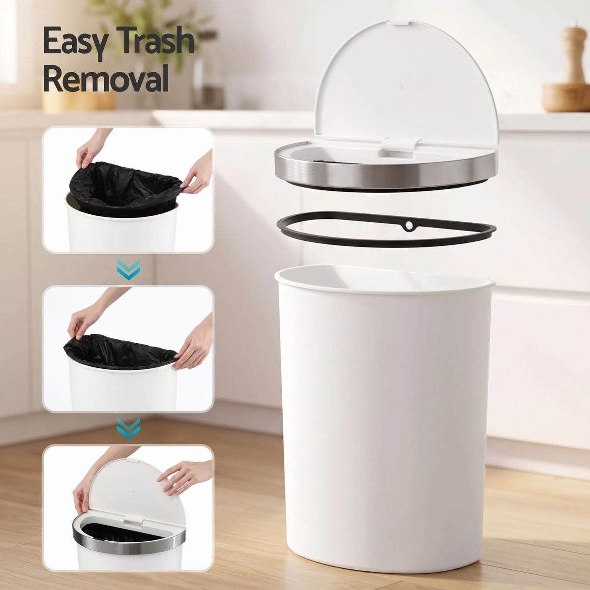 Devanti 50L Motion Sensor Bins Trash Can Kitchen Smart Rubbish Bin D-shape design White - Image 8
