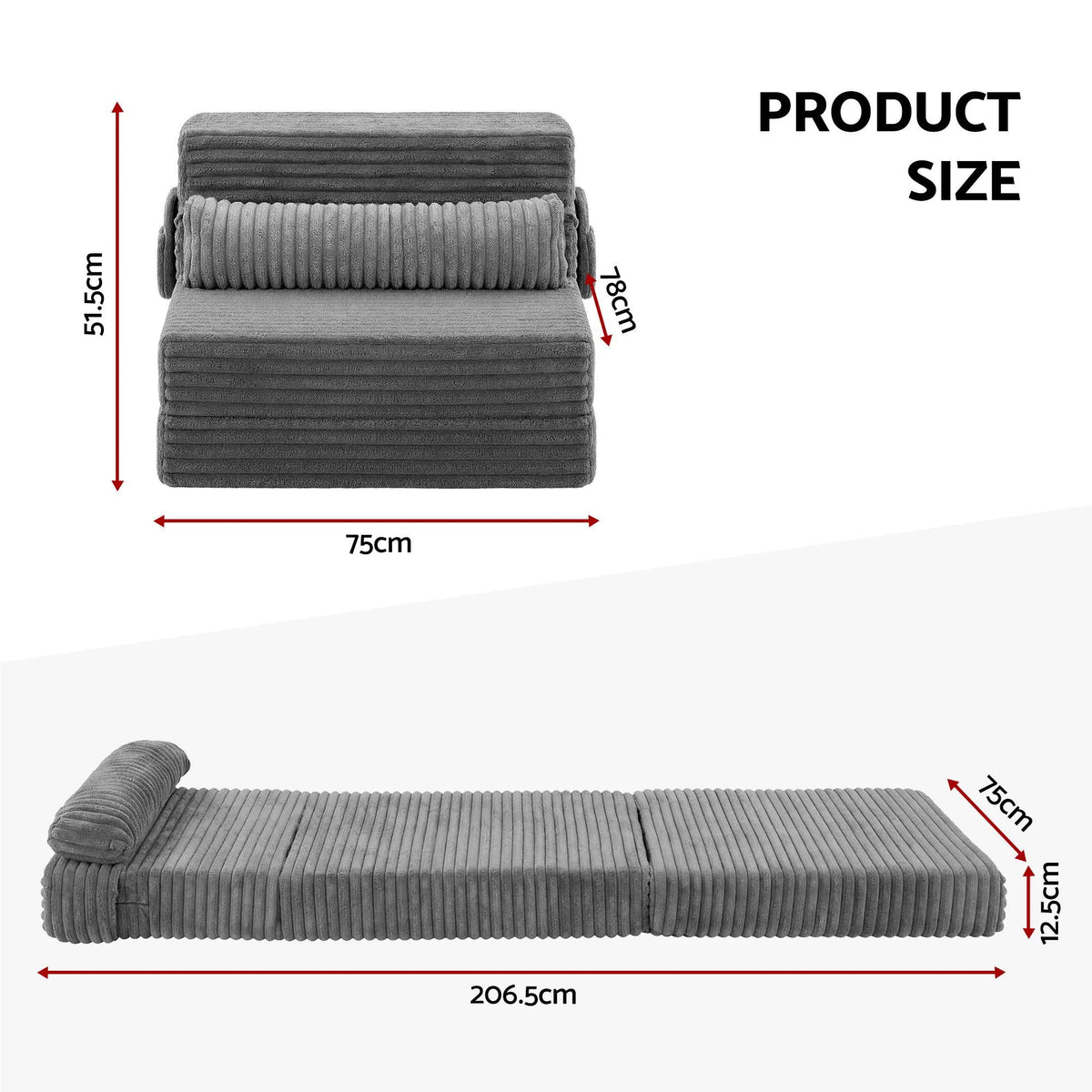 Artiss 3-in-1 Folding Sofa Bed Armless Lounger Chair with Side Pocket and Pillow - Image 2