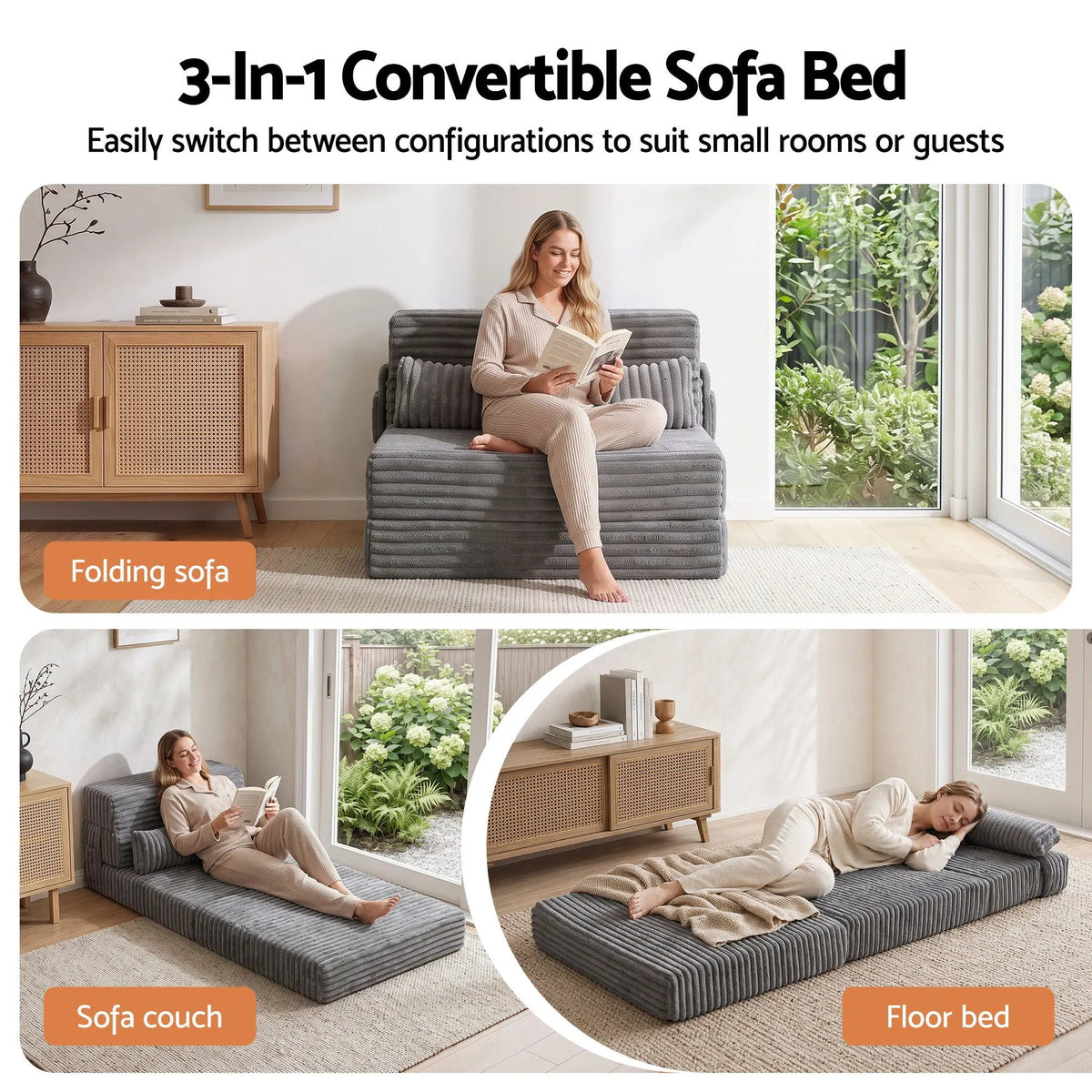 Artiss 3-in-1 Folding Sofa Bed Armless Lounger Chair with Side Pocket and Pillow - Image 3