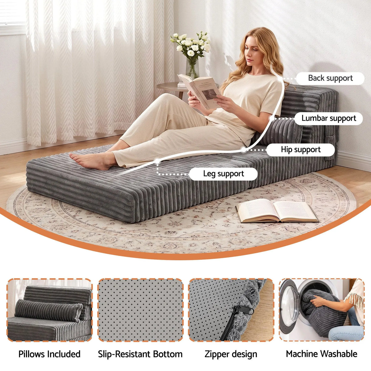 Artiss 3-in-1 Folding Sofa Bed Armless Lounger Chair with Side Pocket and Pillow - Image 4