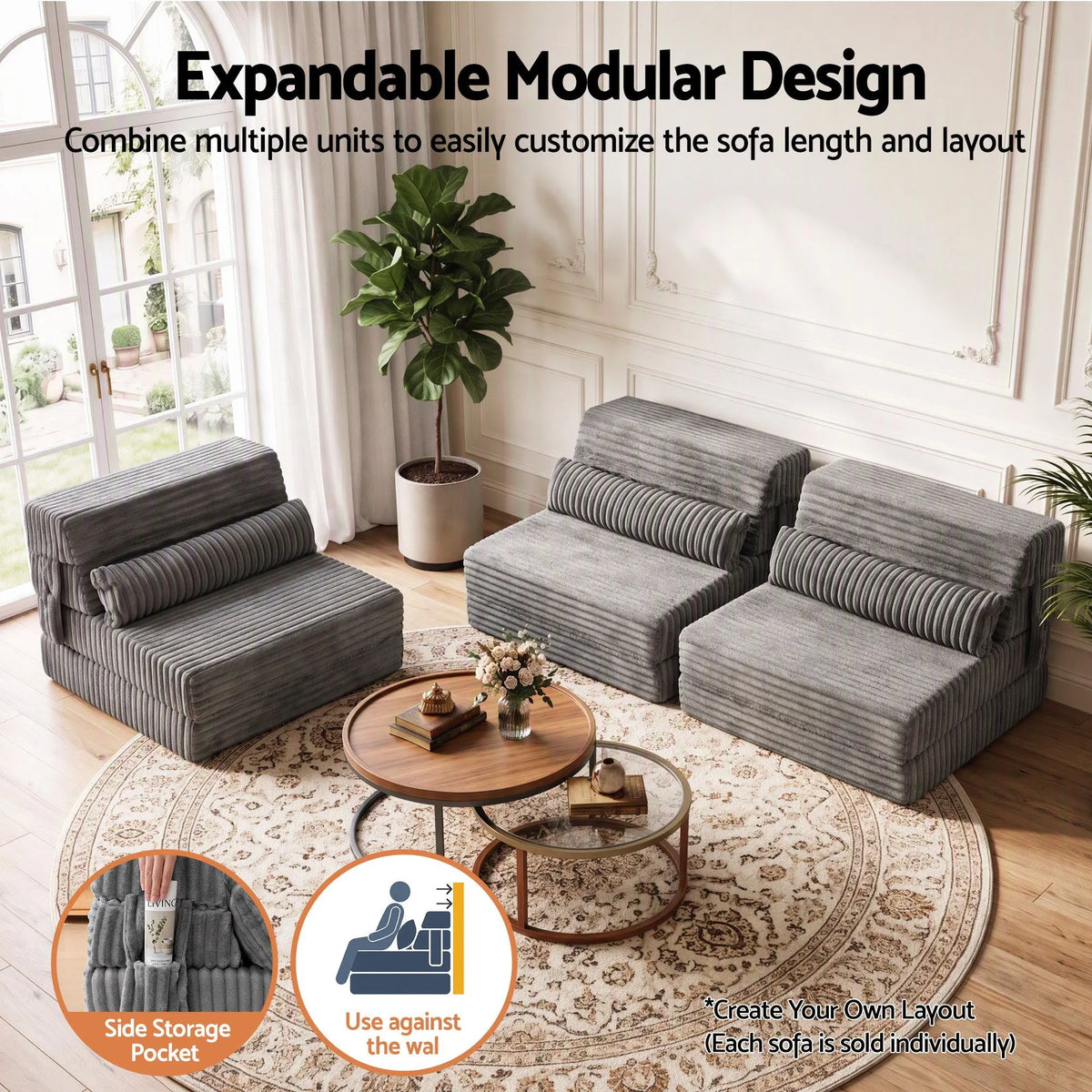Artiss 3-in-1 Folding Sofa Bed Armless Lounger Chair with Side Pocket and Pillow - Image 7