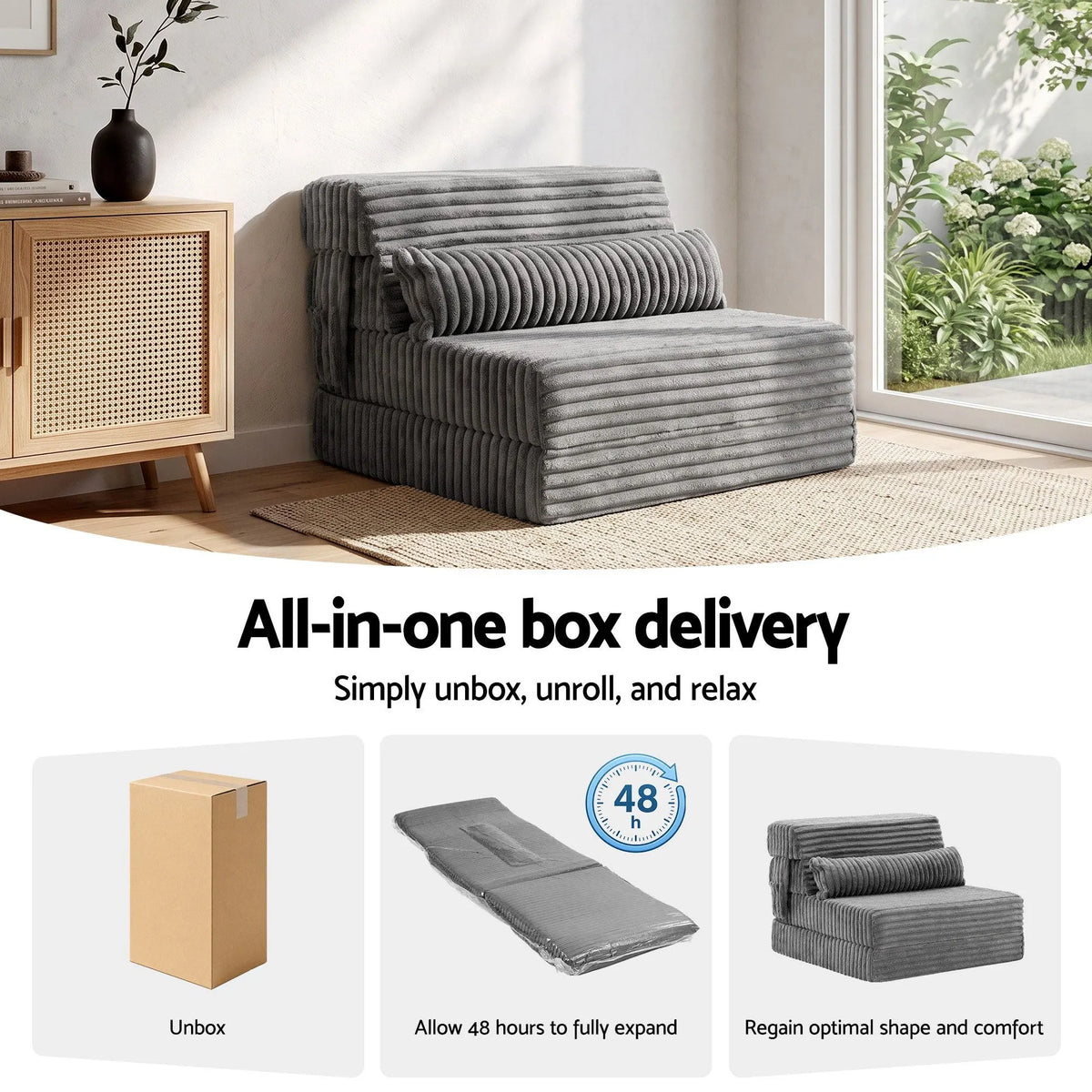 Artiss 3-in-1 Folding Sofa Bed Armless Lounger Chair with Side Pocket and Pillow - Image 9