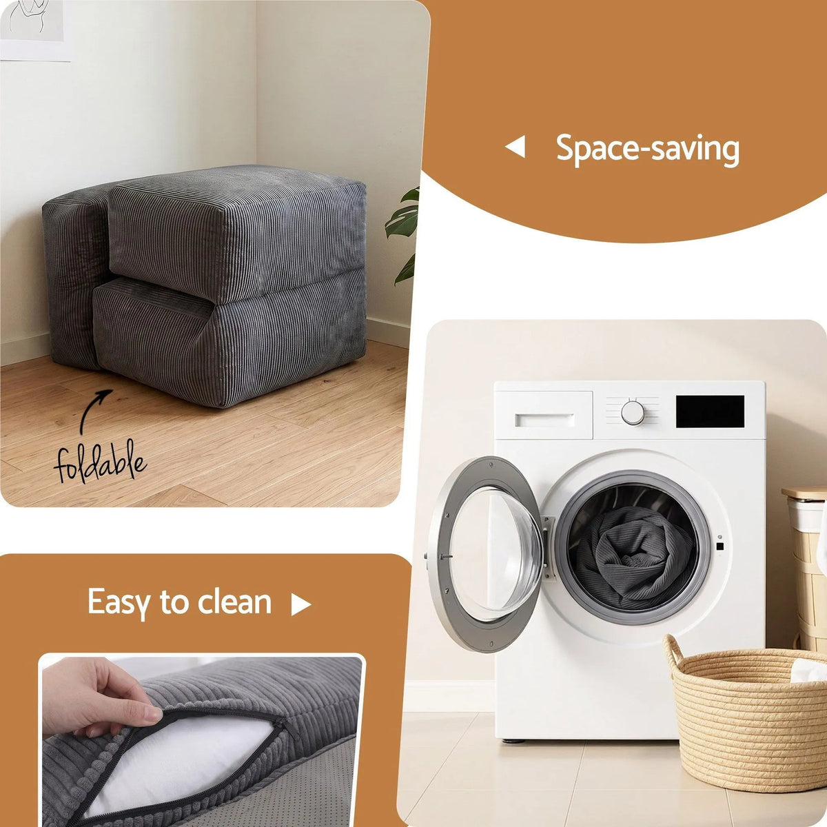 Artiss Foldable Bean Bag Sofa Bed Cloud Couch Boneless Floor Lounger Chair Grey - Image 7